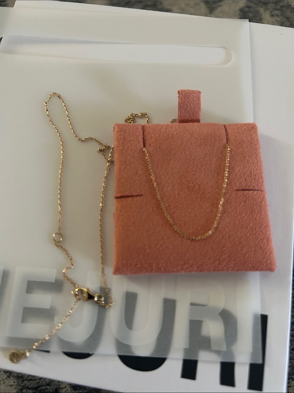 Mejuri Gold Chain Necklace with Peach Suede Mini Pouch